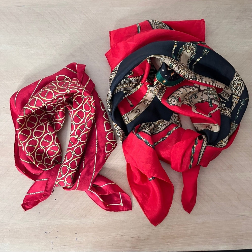 Bundle of (2) Equestrian Themed Silk Scarves Square Red Gold Horse Bit
